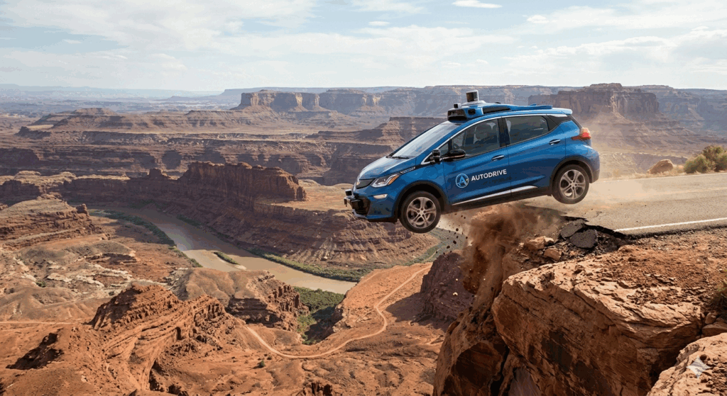 Gemini prompt: image of a self driving car driving off a cliff, like in the movie Thelma and Louise